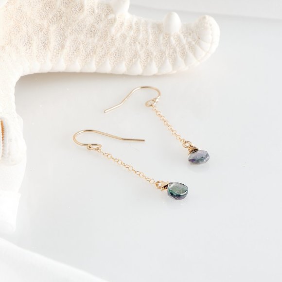 Blue Mystic Quartz Dainty Earrings, 14K Gold Filled Long Dangle Earrings - Picture 6 of 9